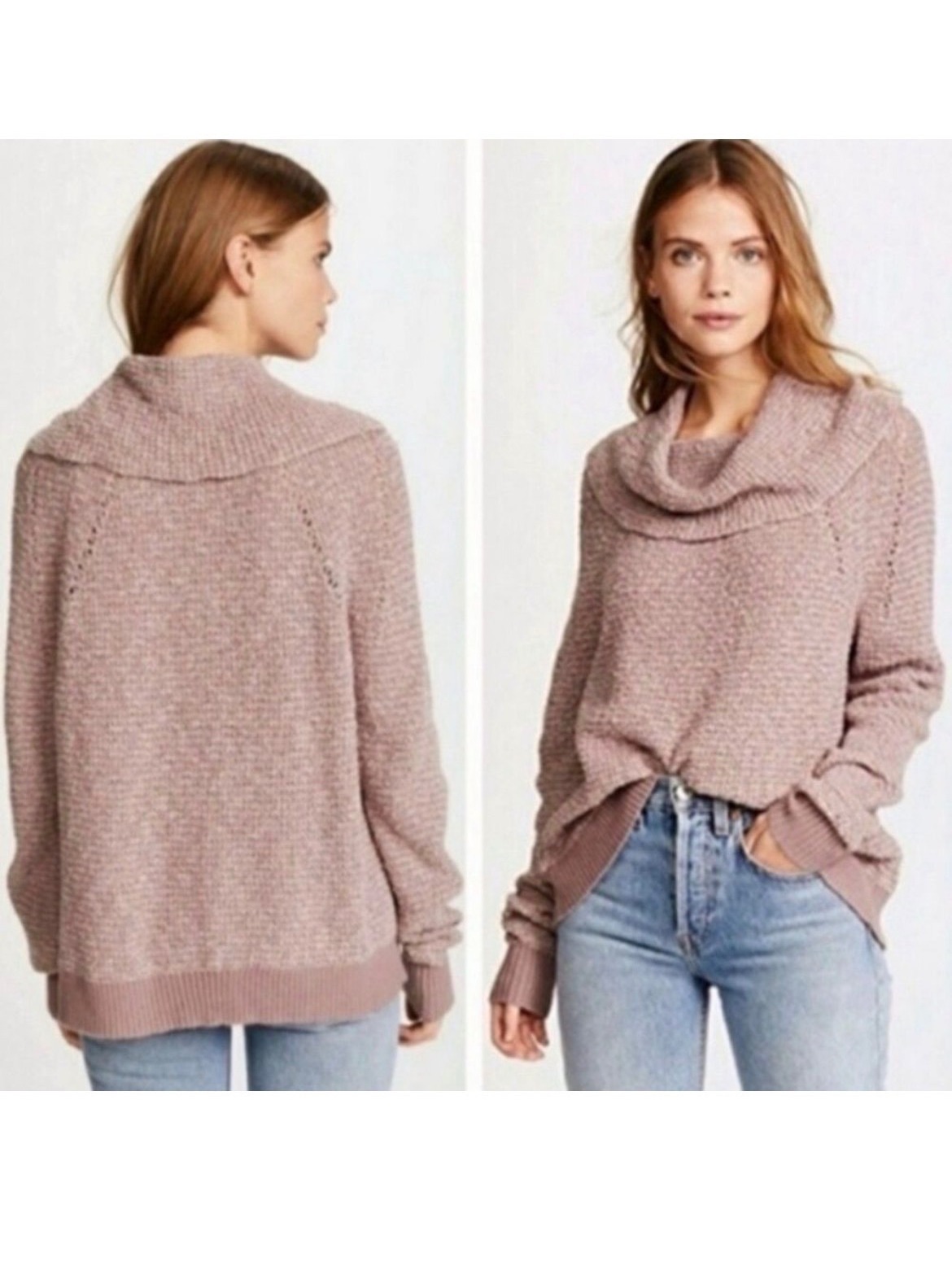 Free People By Your Side Mauve Knit Sweater Cowl Neck Oversized Large